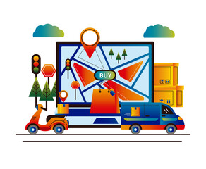 online delivery service technology with laptop and vehicles