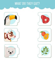 Matching children educational game. What do they eat?. Activity for pre sсhool years kids and toddlers. Animals and food.