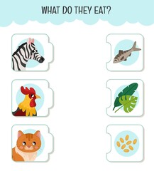 Matching children educational game. What do they eat?. Activity for pre sсhool years kids and toddlers. Animals and food.