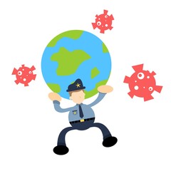 police officer World earth globe and virus corona disease cartoon doodle flat design style vector illustration