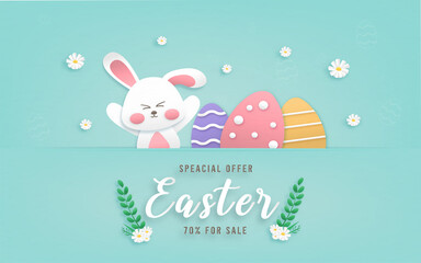 Happy easter day card design sale promotion color pastel background wallpaper paper art style with bunny and eggs vector illustration.