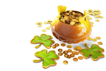 St. Patrick's Day. Pot with golden coins, shamrocks. Isolated with clipping path.