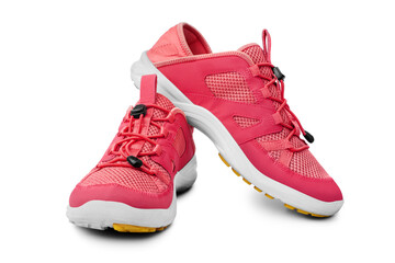 Red sneakers white background isolated close up front side view, pink sport sneaker shoes, pair running gumshoes, two fabric fitness boots, athletic leather footwear, fashion walking textile footgear