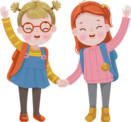Two children with a smile. Girl with friend. Children carrying books with backpacks. Back to school