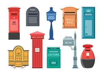 Set of modern and old style mail boxes, flat vector illustration isolated.