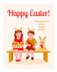 Happy easter. Little girl and boy with a basket of Easter eggs are sitting on a bench. With rabbit ears. Egg hunt. Vector illustration in flat cartoon style. For posters, cards, invitations.