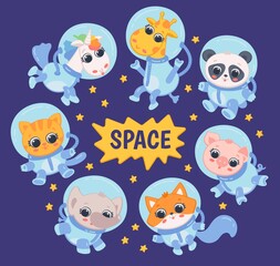 Cartoon animal astronauts and stars in space a vector flat illustration.