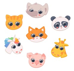 Fototapeta premium Cute funny animals head portraits flat vector illustration isolated on white.