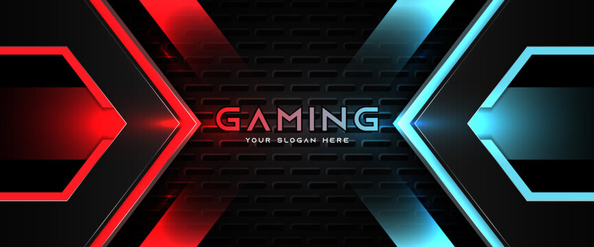 Futuristic red and blue abstract gaming banner design template with metal technology concept. Vector illustration for business corporate promotion, game header social media, live streaming background