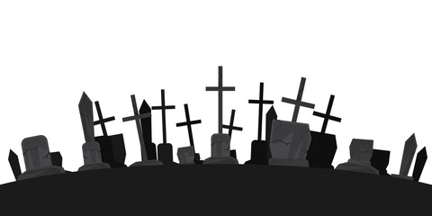 Black silhouettes of tombstones, crosses and gravestones. Elements of cemetery. Graveyard panorama. Vector illustration