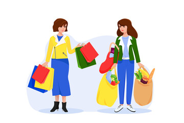 Shopping bag. Woman with heavy paper bags from grocery store.