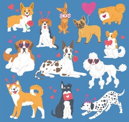 Happy pets dogs with hearts, animals with flowers and love cards for valentines.