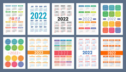 Calendar 2022 year set. Vector pocket or wall calender template collection. Week starts on Sunday. January, February, March, April, May, June, July, August, September, October, November, December