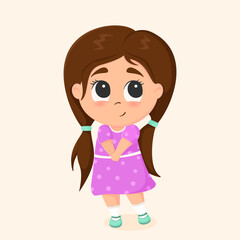 Shy little cartoon girl. Vector illustration of a cute baby. Girl in a purple dress. Isolated childish character on a white background.

