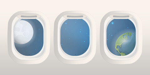 Realistic rectangular portholes with a view of space. Airplane and space shuttle window. Vector illustration