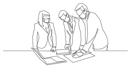 continuous line drawing of standing office workers editing paper documents wearing face masks