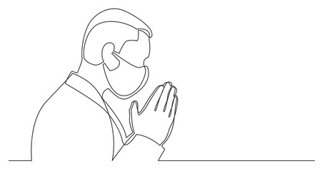 continuous line drawing of praying man wearing face mask