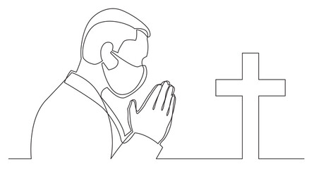 continuous line drawing of praying man with christian cross wearing face mask