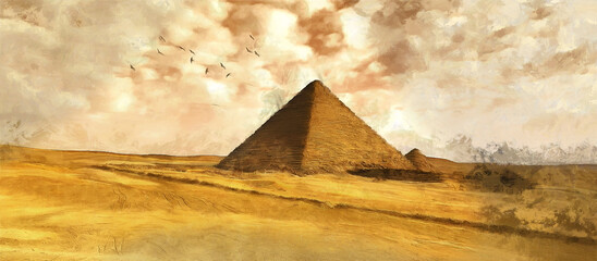 Fototapeta na wymiar Pyramids of Giza in the sandy desert. Artistic work on the theme of ancient architecture