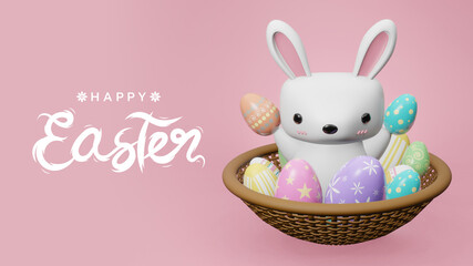 Happy Easter 3D illustration with rabbit holding easter eggs