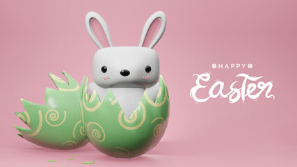 Happy Easter 3D illustration with rabbit in easter eggs