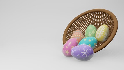 3D illustration render with easter eggs in basket