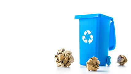 Recycle garbage. Blue dustbin for recycle paper trash isolated on white background. Bin container for disposal garbage waste and save environment.