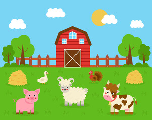 Cute cow, turkey, pig, sheep and goose in the farm landscape.