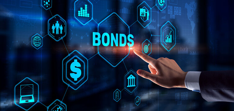 Businessman clicks a bonds virtual screen. Bond Finance Banking Technology concept. Trade Market Network