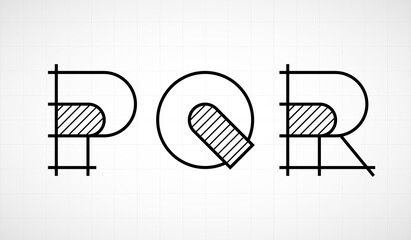 Architech font. Letters PQR. Graphic black and white alphabet. Linear drawing alphabet for banners, logos and texts. Vector illustration.