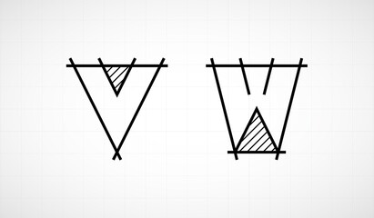 Architech font. Letters VW. Graphic black and white alphabet. Linear drawing alphabet for banners, logos and texts. Vector illustration.