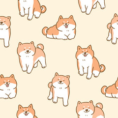 Seamless Pattern with Cartoon Shiba Inu Illustration on Light Yellow Background