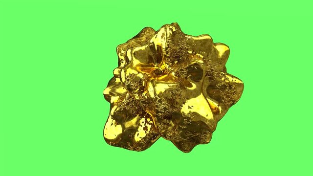 A piece of gold-colored metal nugget on a green background. Chroma key.