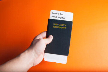 Concept of an immunity passport and negative test of Covid-19. Vaccination document for travel