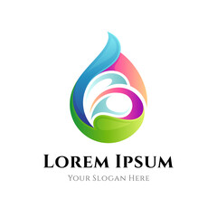 Water drop with leaf logo concept with gradient color, flat logo template
