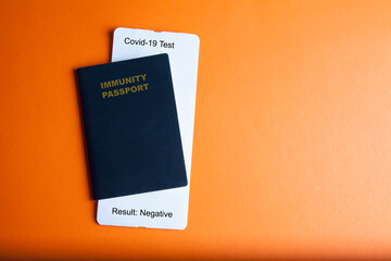 Concept of an immunity passport and negative test of Covid-19. Vaccination document for travel