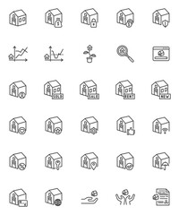 Real estate agent line icons set. linear style symbols collection outline signs pack. vector graphics. Set includes icons - property insurance, real estate agreement, mortgage, sale, sold, smart house