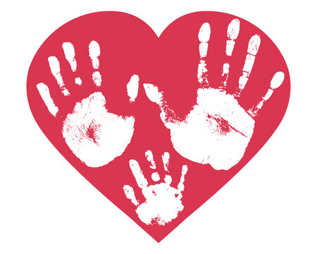 Handprints of family, imprint of palm hand of mother, father and baby in heart shape. Vector illustration