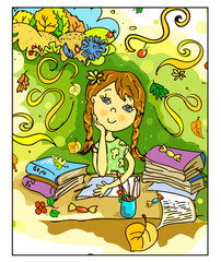 The girl sits at the table dreams, writes poetry, thinks. Children's illustration, cartoon style. Schoolgirl doing homework. On the table are books,pencils. Autumn, summer day.girl schoolgirl studying