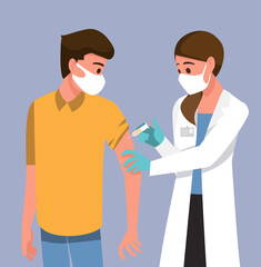 Obraz premium Vaccination of people from coronavirus COVID-19., flu or influenza shot or taking blood test with a needle,Vector illustration cartoon character.