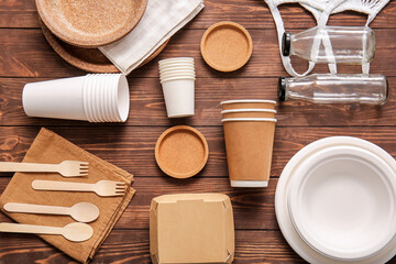 Eco composition with tableware on wooden  background