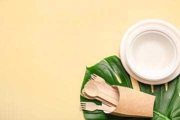 Eco tableware on color background