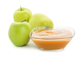 Bowl with sweet apple jam on white background