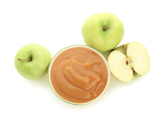 Bowl with sweet apple jam on white background