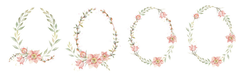 Set oval frames with peach primroses and pussy willow branches. Spring greenery background wedding invitation. Provence style.