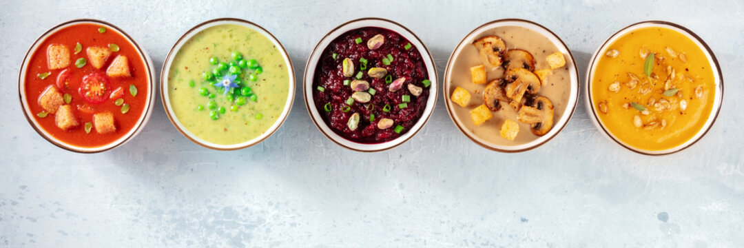 Vegan Soup Panoramic Banner With A Place For Text. Many Vegetable Cream Soups, Shot From Above