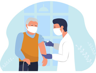 Obraz premium A doctor in a clinic giving a coronavirus vaccine, a syringe injection to an elderly person, an illustration of the concept of immune health. Adult immunization, covid-vaccine. Flat illustration.