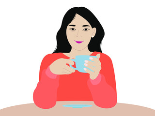 Beautiful cute young Asian girl on a date drinks coffee. Vector illustration portrait of a woman in love at a table in a cafe holding a mug with tea.