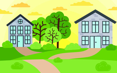 Obraz na płótnie Canvas Vector illustration of country houses. Beautiful summer landscape in the village, sunset in the field. Green landscape with cottages among the forest, trees and bushes.