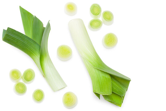 sliced leek isolated on white background. with clipping path. top view